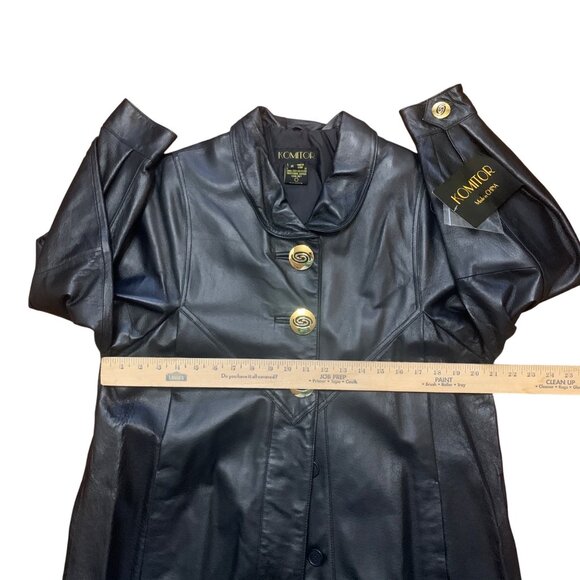 Womens Black Leather Long Trench Coat Gold Button NOS Goth Matrix Steampunk - Picture 8 of 12